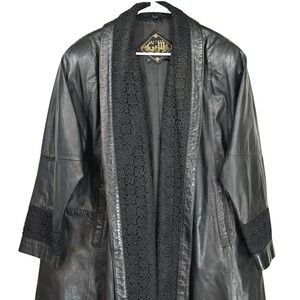 Vintage Floral Leather Jacket Black Oversized Lace Coat Goth Grunge Whimsigoth M